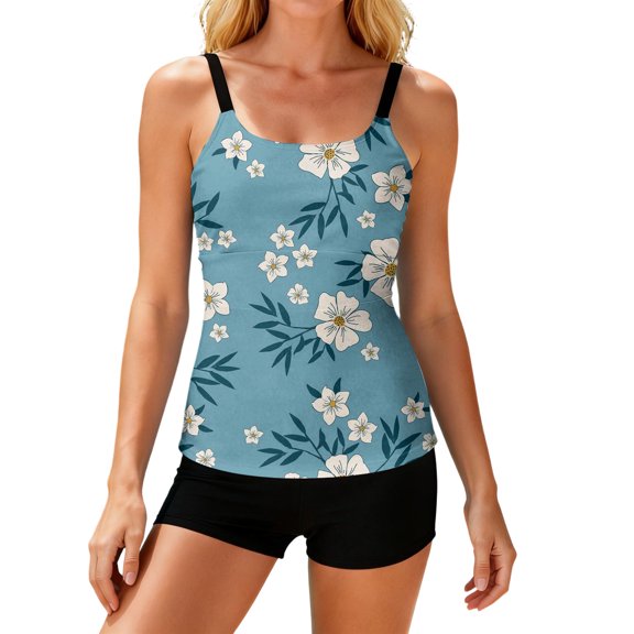 JULMCOMO Tankini Swimsuits for Women Floral Print Scoop Neck Adjustable Spaghetti Strap Bathing Suit Summer Beach Two Piece Swimsuit Mint Green XL