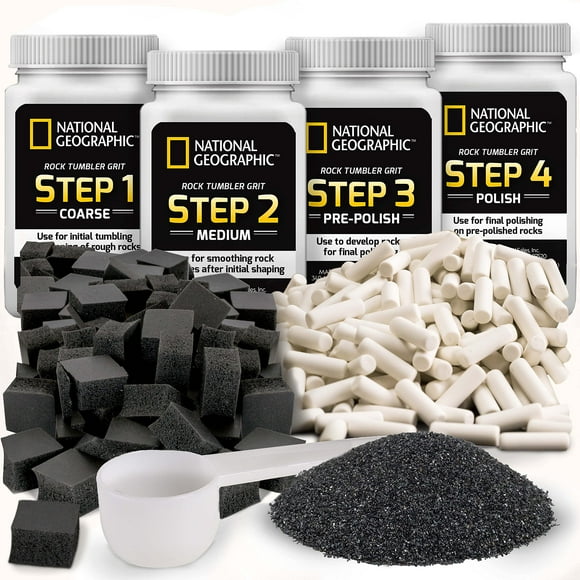 Blue Marble National Geographic Rock Tumbler Media – The Ultimate Rock Polishing Supplies Kit, 4 Stage Bulk Grit, 1.5 Pounds of Ceramic Pellets, GemFoam Polis