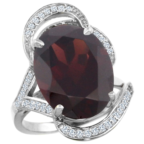 14k White Gold Natural Garnet Ring Diamond Accent Oval 16x12mm, size 5.5