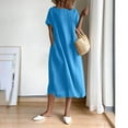 thumbnail image 5 of Abcnature Womens Maxi Dress, Women Solid Round Neck Short Sleeve Cotton Linen Dress, Plus Size Summer Casual Long Dresses, Wedding Guest Dresses Beach Party Dress Blue XXXL, 5 of 6