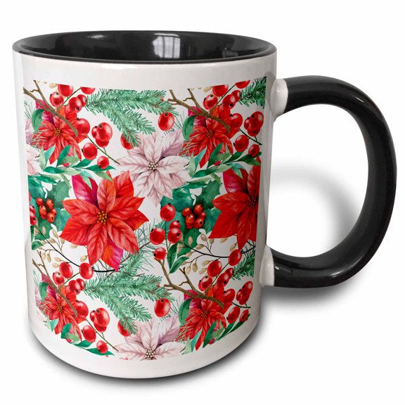 3drose, Christmas Pattern Poinsettias Holly Pine Branches, Sm3dr, 11oz Two-tone Black Mug