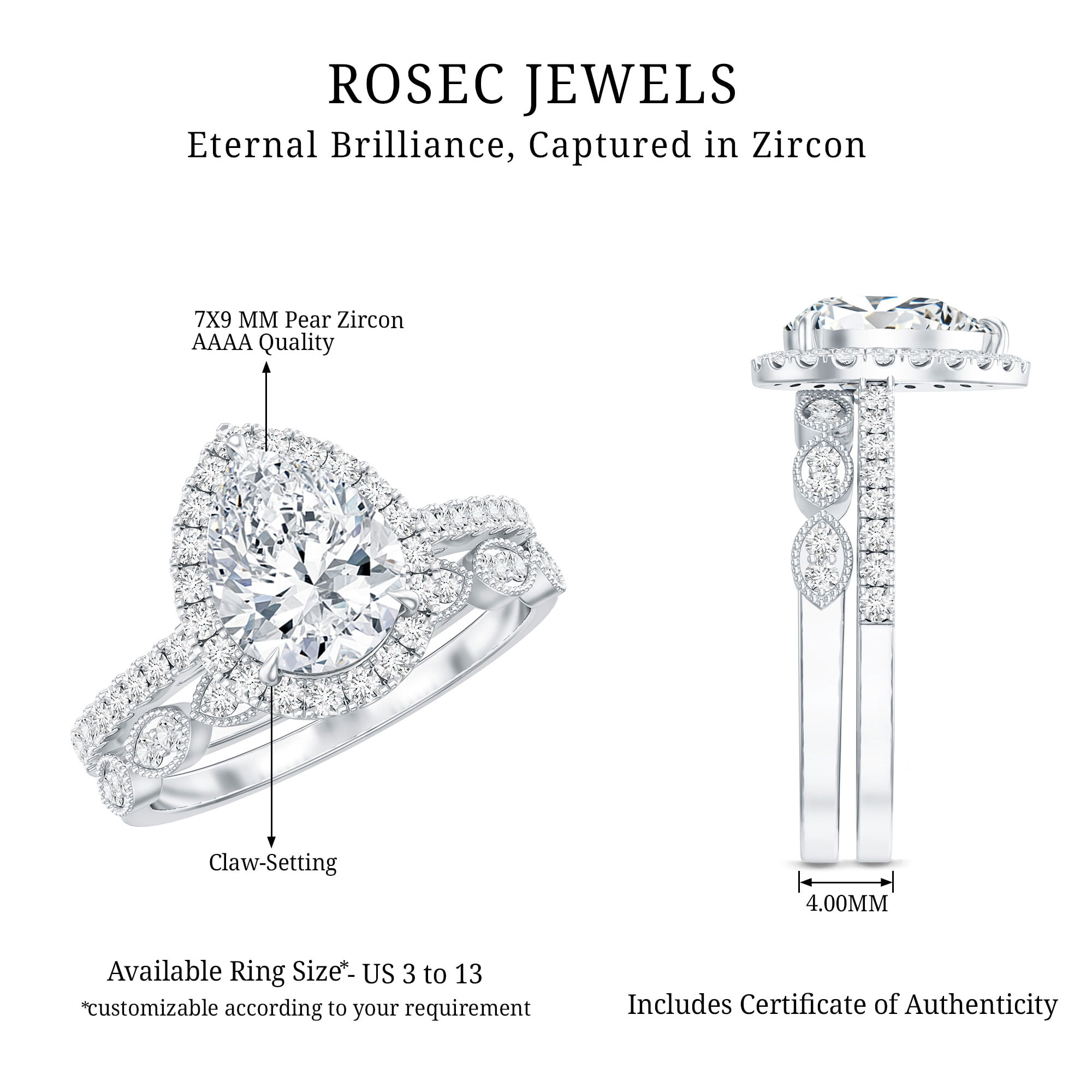 Rosec Jewels Pear Shape Cubic Zirconia Ring Set for Women, Wedding Engagement Ring Set, 925 Sterling Silver, US 10.50