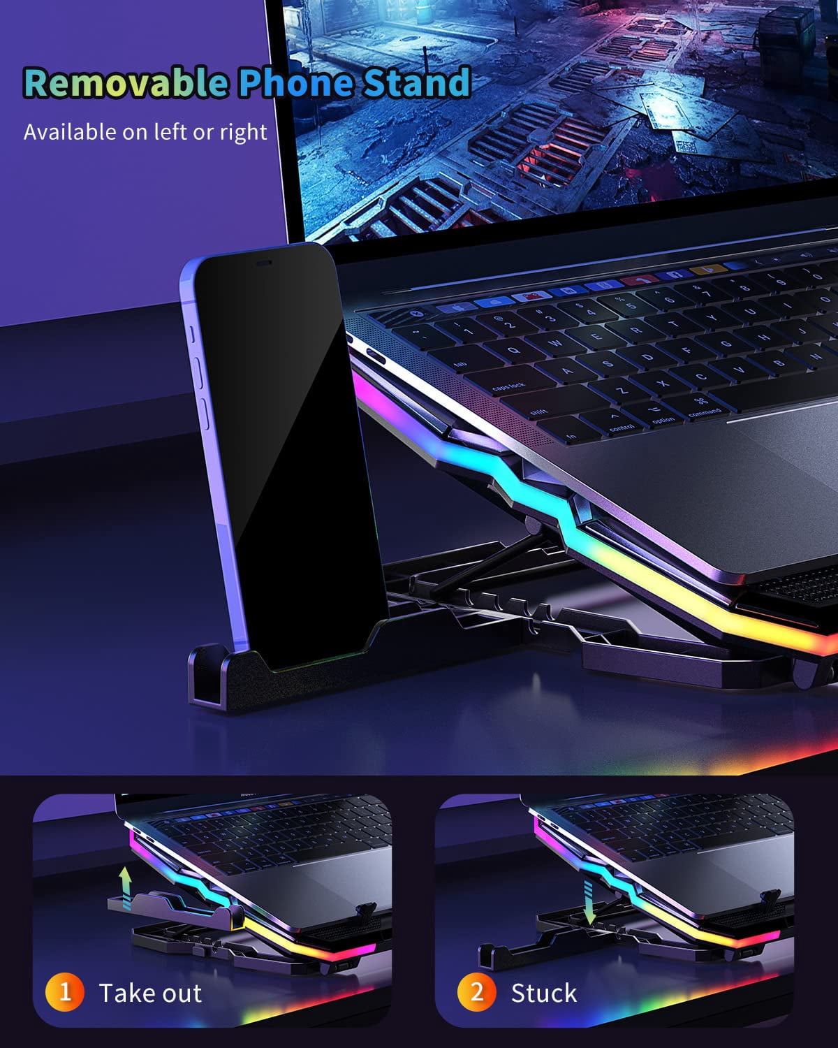 Upgrade Laptop Pad A13 Rgb Lights Cooler 6 Fans For Up To 15.6 Inch Laptops 10 Modes Light  7 Height Stands 2 Usb Ports - Blue