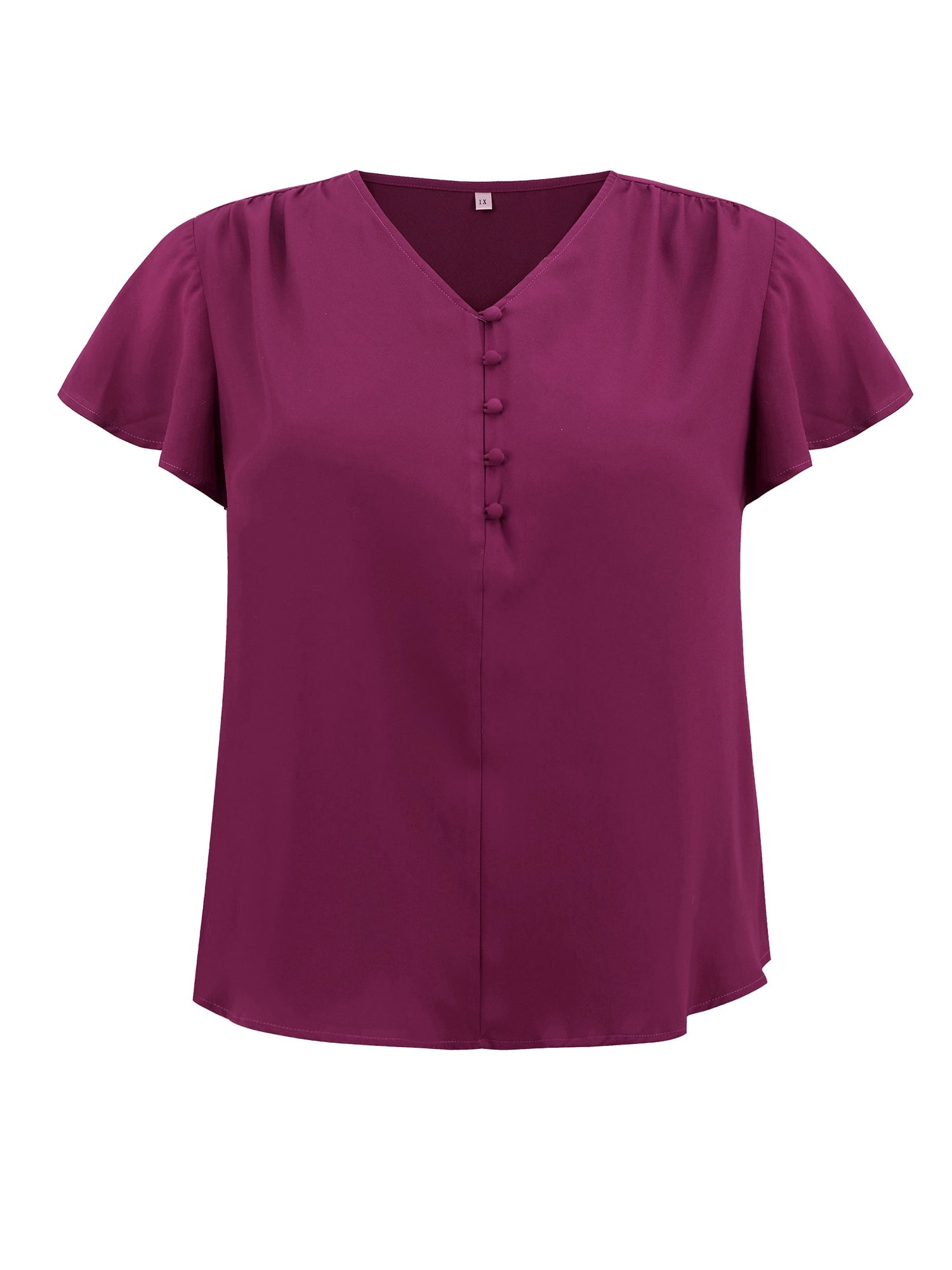 DARING DIVA Women's Plus Ruffle Sleeve V Neck Button Decor Blouse 4X Purple Red