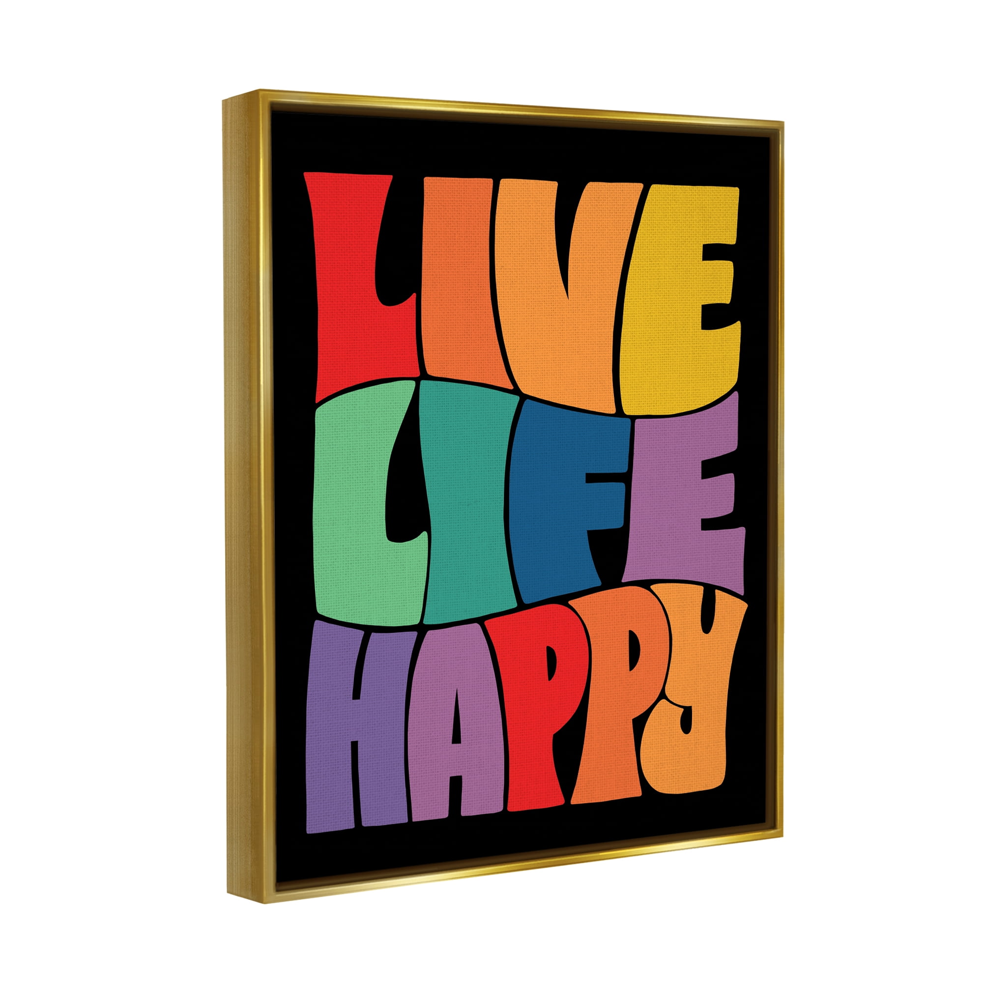 Stupell Industries Live Life Happy Groovy Phrase Holiday Painting Gold Floater Framed Art Print Wall Art