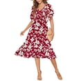 thumbnail image 1 of Vestido de verano AUSELILY para mujer, cuello en V, manga corta, flor roja, 1 of 6
