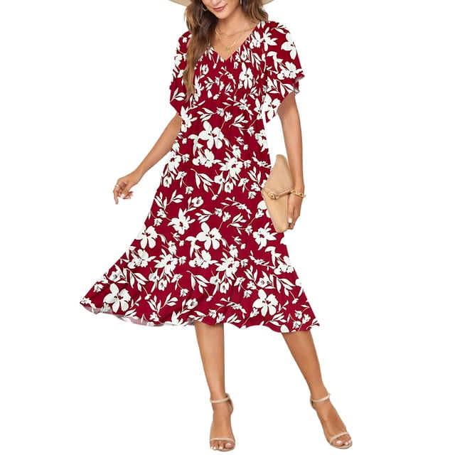 Vestido de verano AUSELILY para mujer, cuello en V, manga corta, flor roja