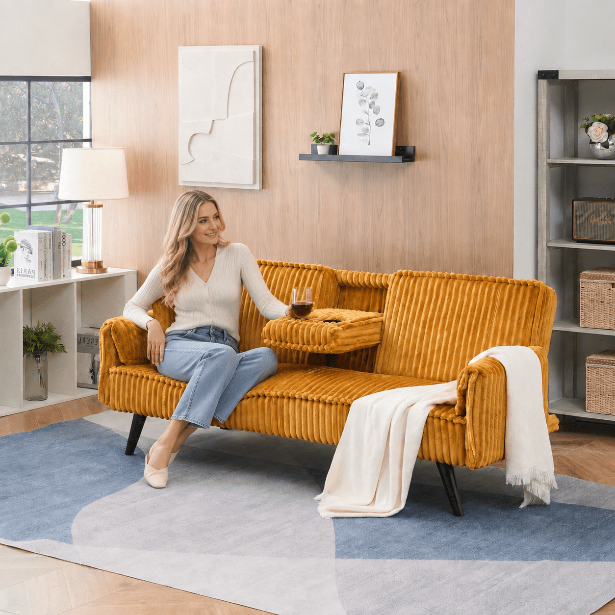 BSHTI 72" Corduroy Sofa Bed with Pull-Out Cup Holder, Adjustable Back, Straight-Line Design for Living Room（Orange）