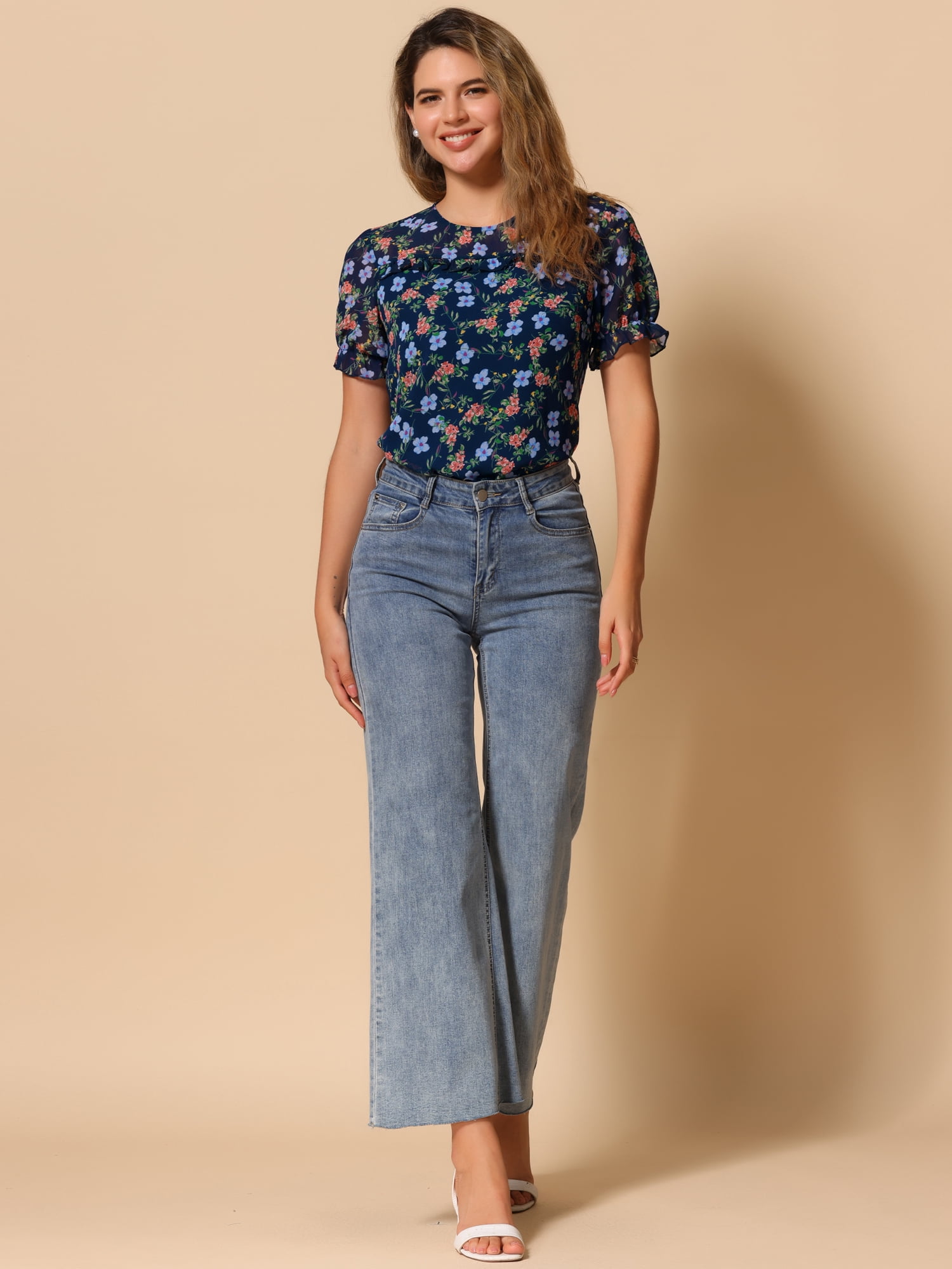 DARING DIVA Short Sleeve Ruffled Trim Floral Blouse M Dark Blue