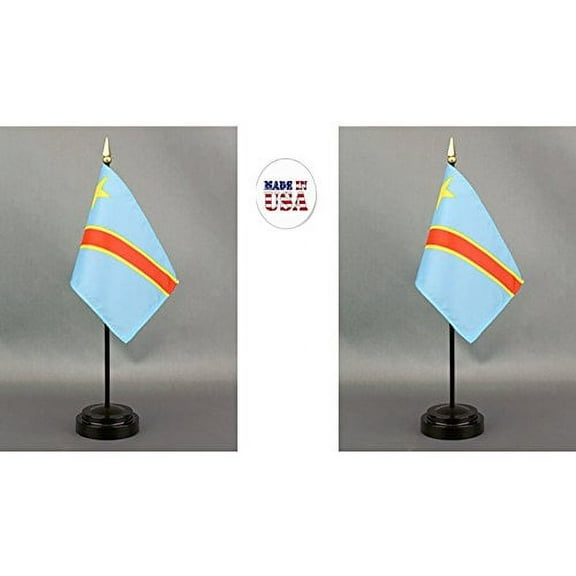 Democratic Republic of Congo Desk Flag Set; Two 4x6 inch American Made Table Flags with Two Bases
