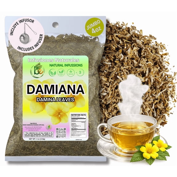 Damiana Leaf Te – 4 oz (113g) Loose Herbal Tea + Stainless Steel Tea Infuser – 100% Natural Turnera diffusa – Authentic Mexican Origin – Caffeine-Free, Non-GMO, Gluten-Free, Vegan By Bexpertsusa