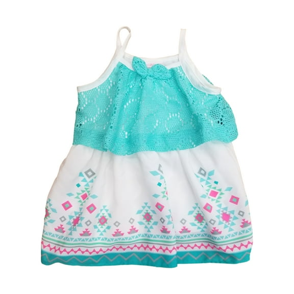 Youngland Toddler Girls Aqua Blue & White Lace Patterned Tank Dress w/ Tie 2T