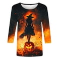 thumbnail image 4 of Xdegoge Women's Halloween Shirts 3/4 Sleeve Crewneck Tops Novelty Witch on Pumpkin Graphic Tees Casual Fall Clothes Holiday Party Blouse T-Shirts for Women Trick or Treat, 4 of 5