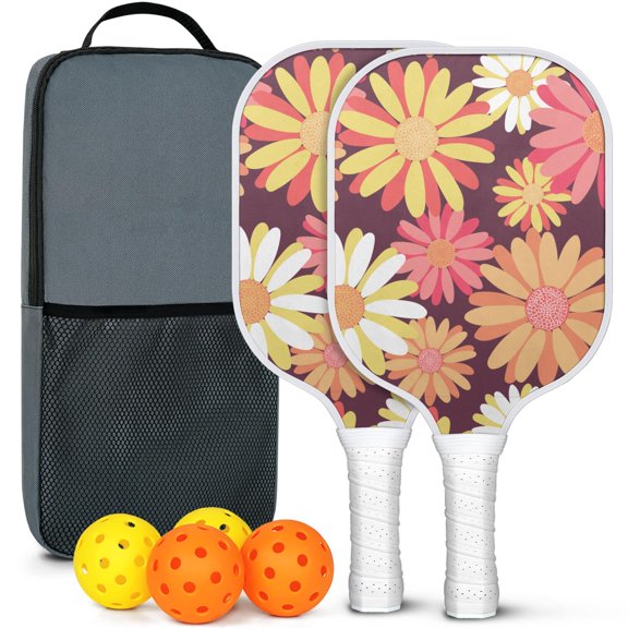 Pickleball Paddles Set Of 2, Fiberglass Surface, Daisy Floral Print, 4 Balls & Bag