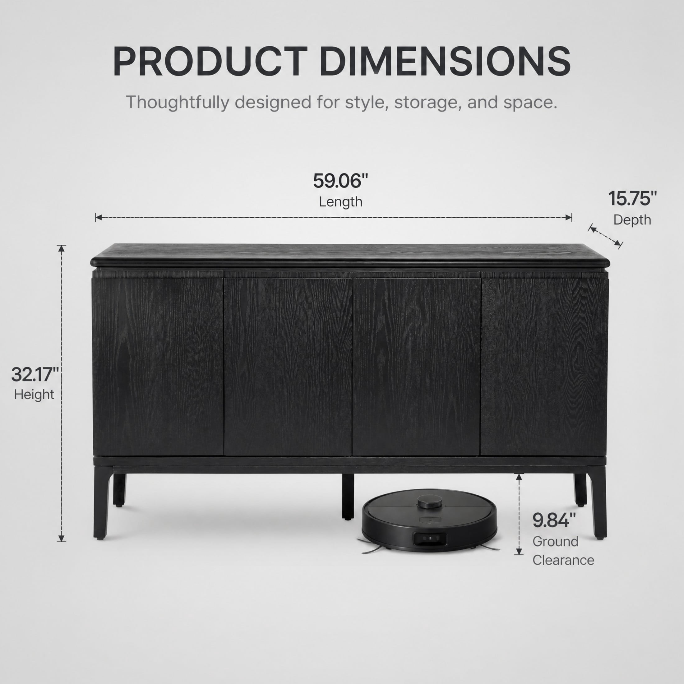 Christopher Knight Home 59" Modern Accent Sideboard with Storage, Rubberwood Legs, 4 Doors, Black