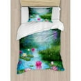 thumbnail image 3 of Nature Queen Size Duvet Cover Set, Fantasy Pond with Water Lilies Floating Romantic Lotus Fairy Tale Digital Art, Decorative 3 Piece Bedding Set with 2 Pillow Shams, Aqua Pink Green, by Ambesonne, 3 of 3