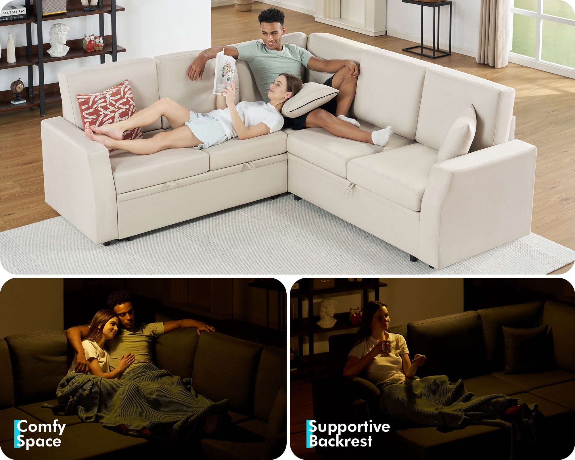 VANACC Sofa Bed, 85 Inch Sleeper Sofa with Pull Out Sofa Bed, L Shaped Couch with Storage Seat, Sectional Couches for Living Room Apartment, Beige Linen Sofa Couch