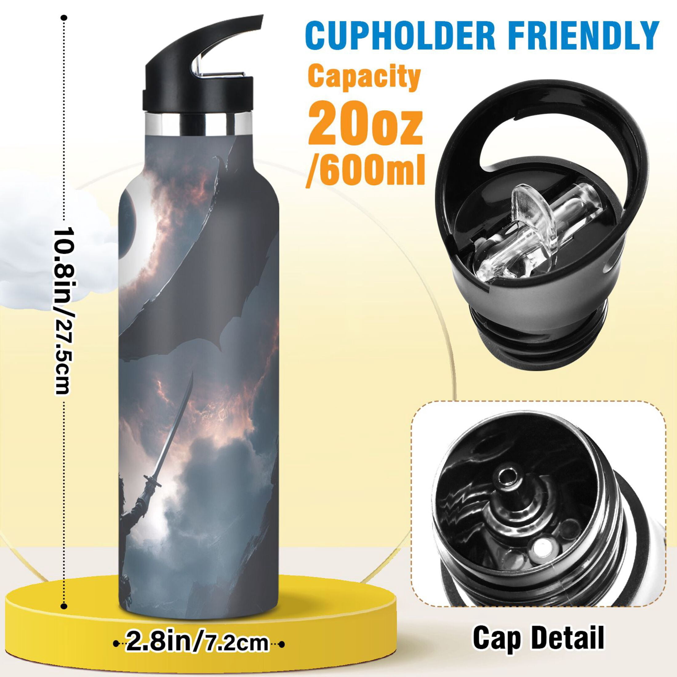600ML Stainless Steel Insulated Cup Sports Water Bottle Portable Thermos Cup Water Glasses Insulated Tumblers Convenient and Durable Young Boy and Dragon