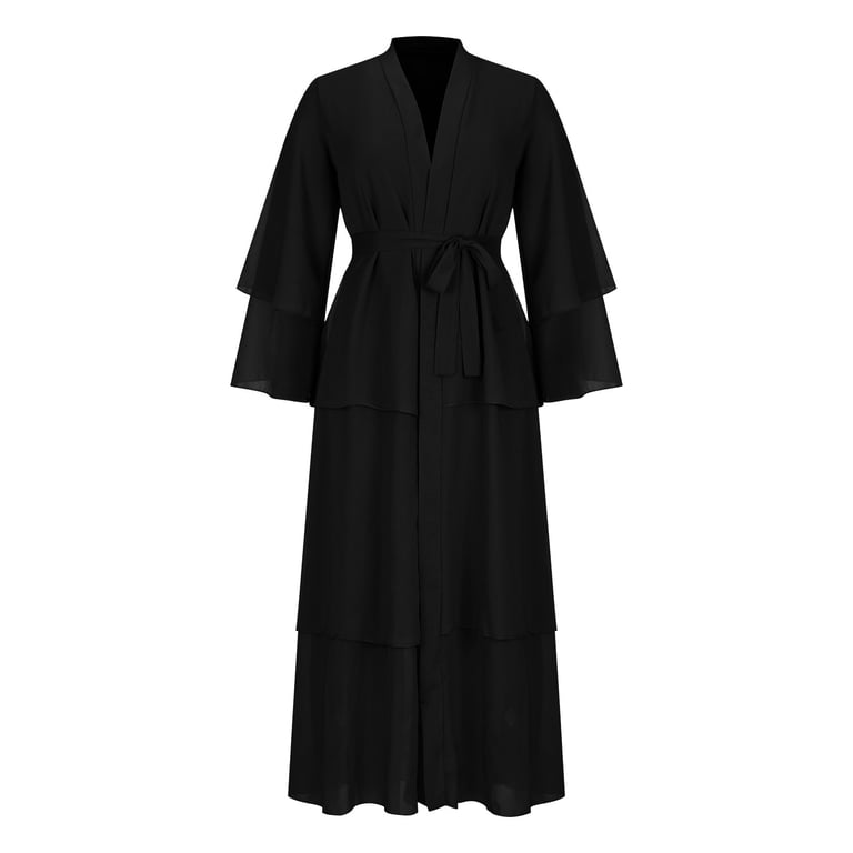 Women Chiffon Dresses Open Front Cardigan Maxi Long Dress Loose Solid Color  Plus Size Long Sleeve V-neck Dress Belt Dress - Walmart.com