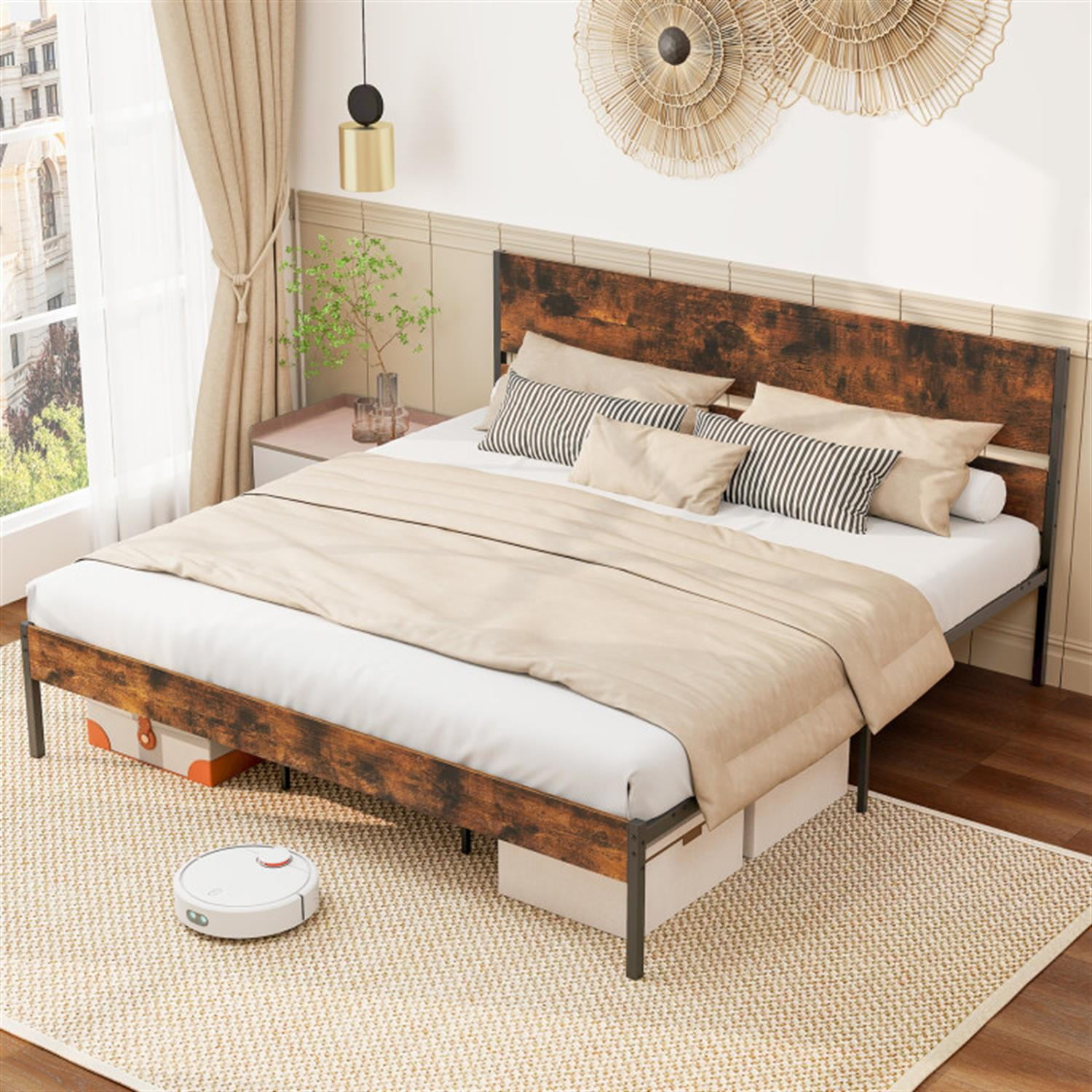 Demi Bonn King Size Bed Frame with Wooden Headboard and Footboard, Modern Metal Platform Bed Frame with Under Bed Storage, No Box Spring Needed, Brown