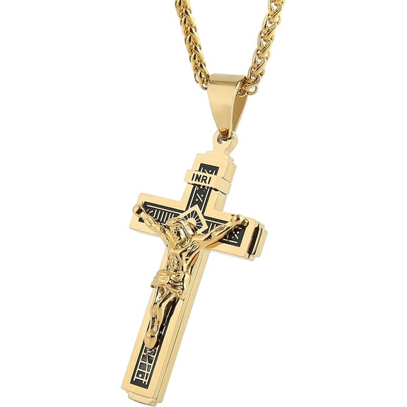 Catholic Jesus Christ on INRI Cross Crucifix Gold Silver Tone stainless steel Pendant Necklace 22 2 Chain