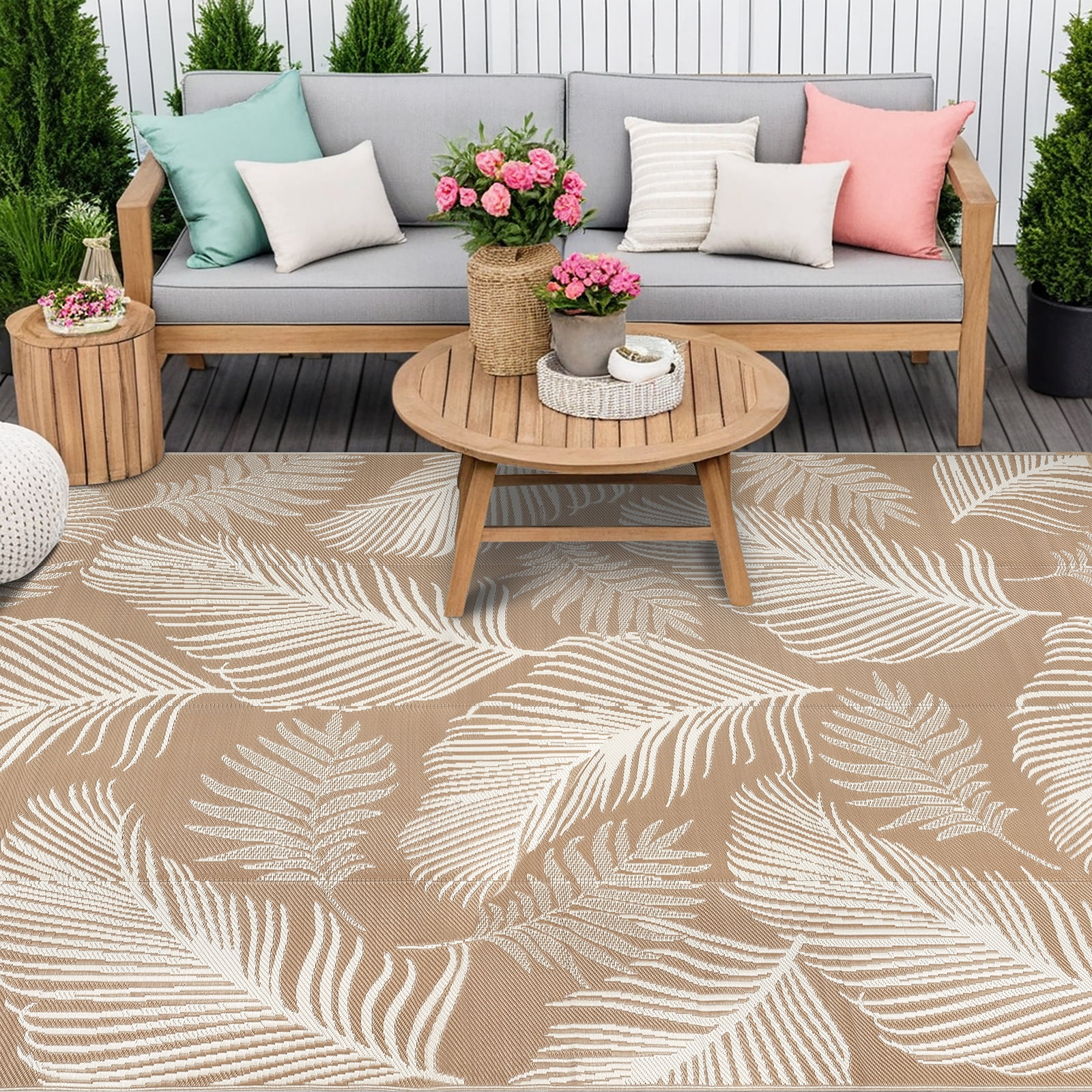 LOKHOM 6' x 9' Beige Outdoor Rug, Waterproof, UV-Resistant, Reversible Plastic Straw Rug for Patios, Porch, RV, Beach