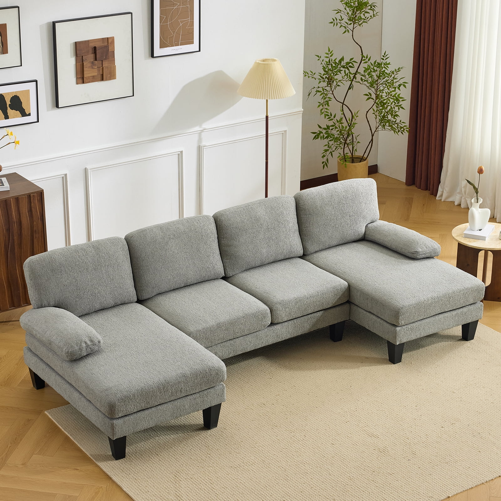 U-Shaped Convertible Sectional Sofa with 2 Short Chaise Lounges, 4-Seater Modular Chenille Fabric Couch with Plastic Legs, Indoor Living Room Combination Sofa
