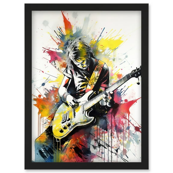 Guitarist Playing Electric Guitar Music Solo Vibrant Modern Splat Paint Watercolour Illustration Artwork Framed Wall Art Print A4