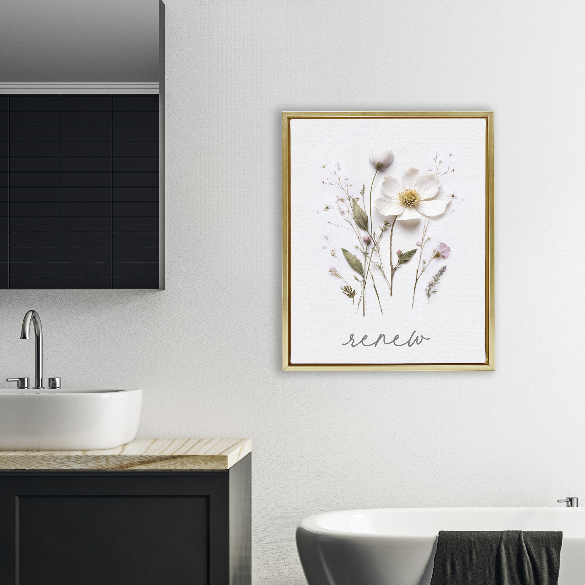 Pressed Flowers Renew Gold Framed Floater Canvas Wall Art, design by Lettered and Lined