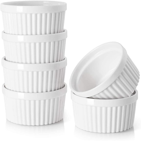 Xuet Set of 6 6oz Oven Safe Porcelain Ramekins, Classic White Souffle Baking Cups for Creme Brulee