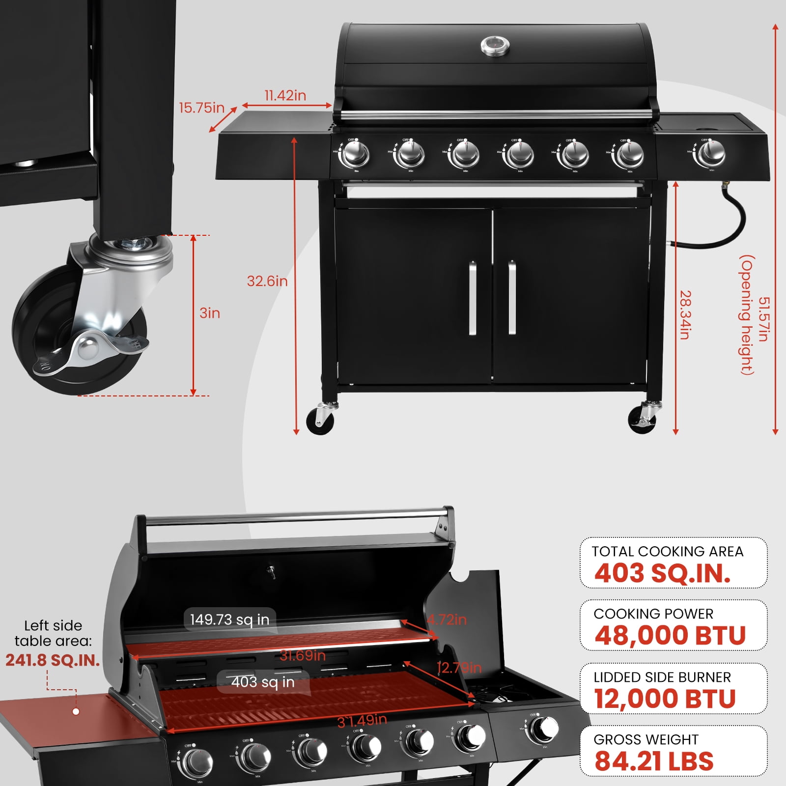 6-Burner w/Side Burner Gas Grill with 403 SQ.IN.60,000 BTU,Propane Grills with Top Cover Lid,Grills Outdoor Cooking for Patios,Camping,Balcony