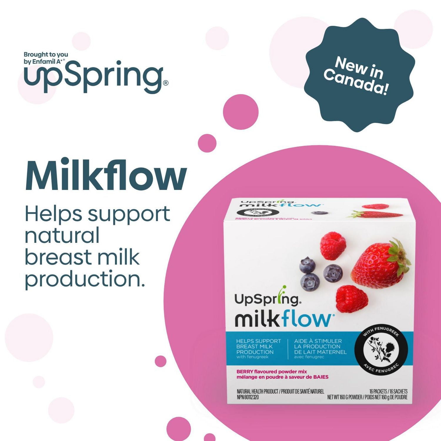 UpSpring Milkflow, mélange en poudre a saveur de BAIES, aide a stimuler la production de lait maternel, 16ct