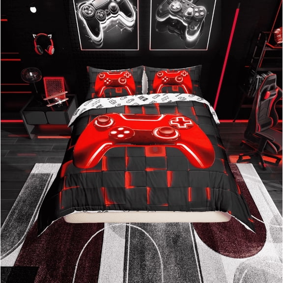 Erosebridal Gaming Duvet Cover Twin, Red Neon Light Grid Bedding Sets Twin Size, Gamer Bedroom Decorative, Reversible 2pcs (No Comforter)