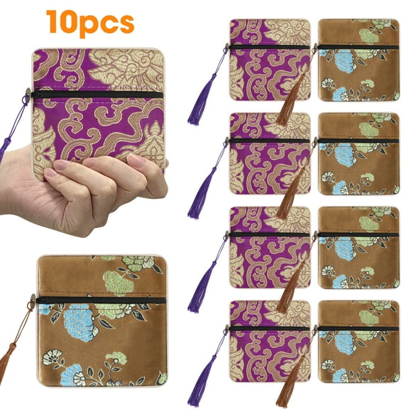 TSV 10pcs Jewelry Silk Pouch, Brocade Embroidered Coin Purse with Zipper and Tassel, Small Gift Bags for Jewelry Wedding Party Favor, Goodie Candy Bags