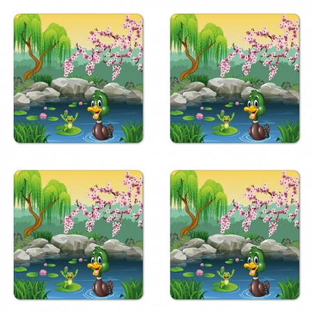 

Cartoon Coaster Set of 4 Vector Ducks Frogs in a Lake Pond Trees Image Kids Nursery Design Artwork Square Hardboard Gloss Coasters Standard Size Multicolor by Ambesonne
