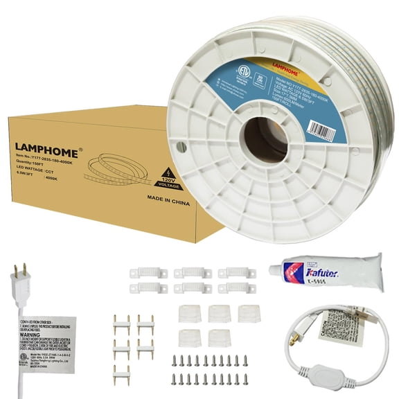 LAMPHOME 4000K 120V LED Strip Light, 150FT 9000LED Waterproof for Outdoor Indoor, Every 1.5ft Cuttable Lighting Strip, 17.5x7.8mm ETL Listed，Natural White