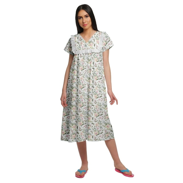 Moomaya Printed Short Sleeve Nightdress For Ladies Button Placket Nightwear