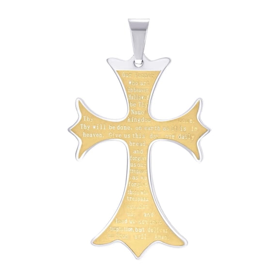 Stainless Steel Yellow-tone Mens Lord's Prayer Cross Religious Charm Pendant Necklace for Men