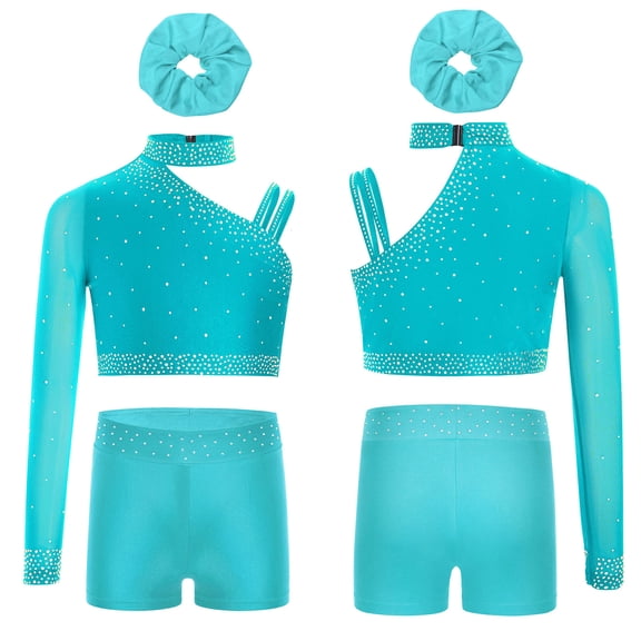 TiaoBug Gymnastics Leotard for Girls 3 Piece Crop Top with Shorts Dance Outfit Tumbling Activewear Sets Blue Green 16