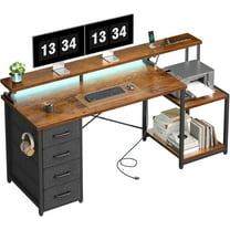 ODK 55 Inch Computer Desk with Power Outlets & 4 Drawers, Home Office Desk with Monitor Stand & Shelves, Vintage
