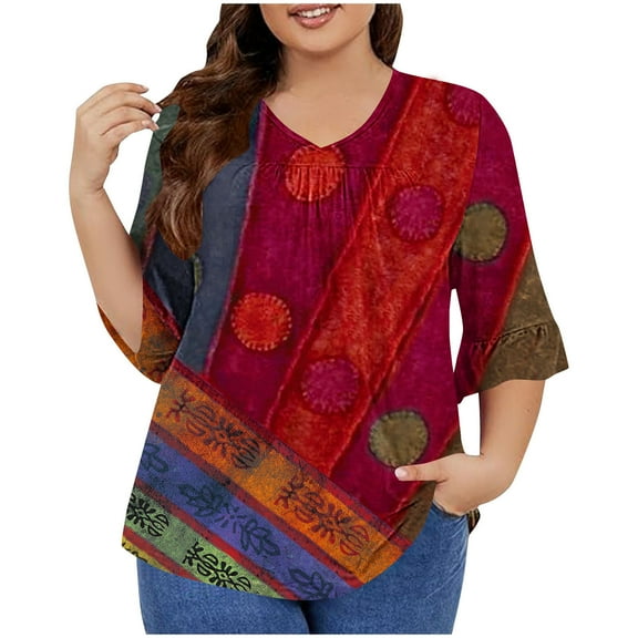 QQAMB Womens T-Shirts Plus Size 3/4 Sleeve Casual Printed V-Neck Pleated Summer Trendy Tunics Blouses Red 3XL