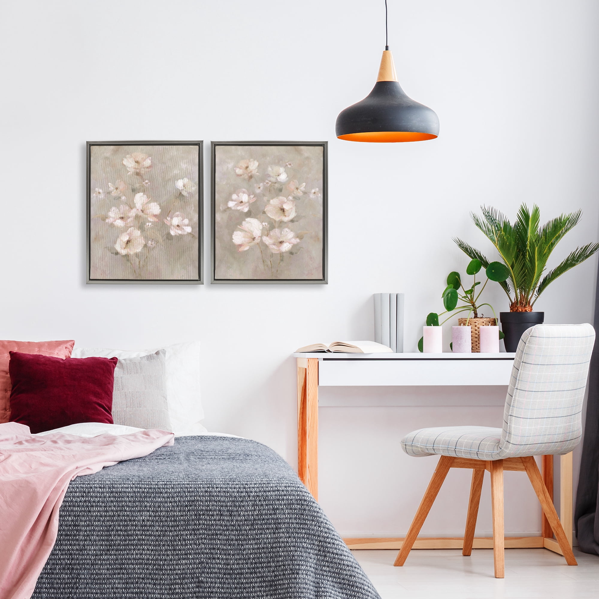Stupell Industries Arranged Blush Blossoms 2 Piece Gray Framed Floater Canvas Set, design by Carol Robinson