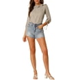 thumbnail image 3 of INSPIRE CHIC Women's Ruffled Neck Half Sleeve Sheer Summer Polka Dots Blouse Tops S Dark Beige, 3 of 9