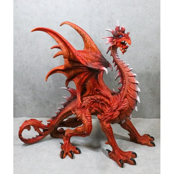 Large 20"H Red Fire Elemental Pyre Dragon With Spikes And Armor Scales Figurine