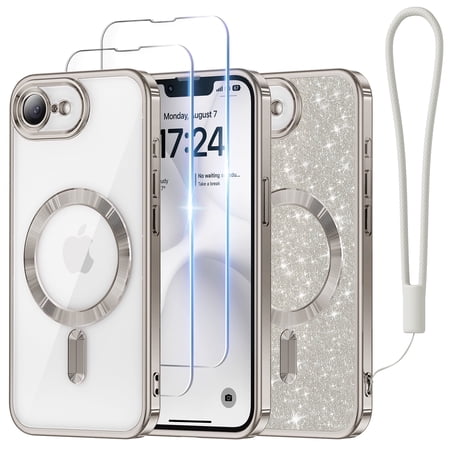 Magentic Case for iPhone 17e/iPhone 16e with 2X Clear Screen Protectors, [Compatible with MagSafe]for iPhone 17e/16e Case 6.1inch, Titanium Silver