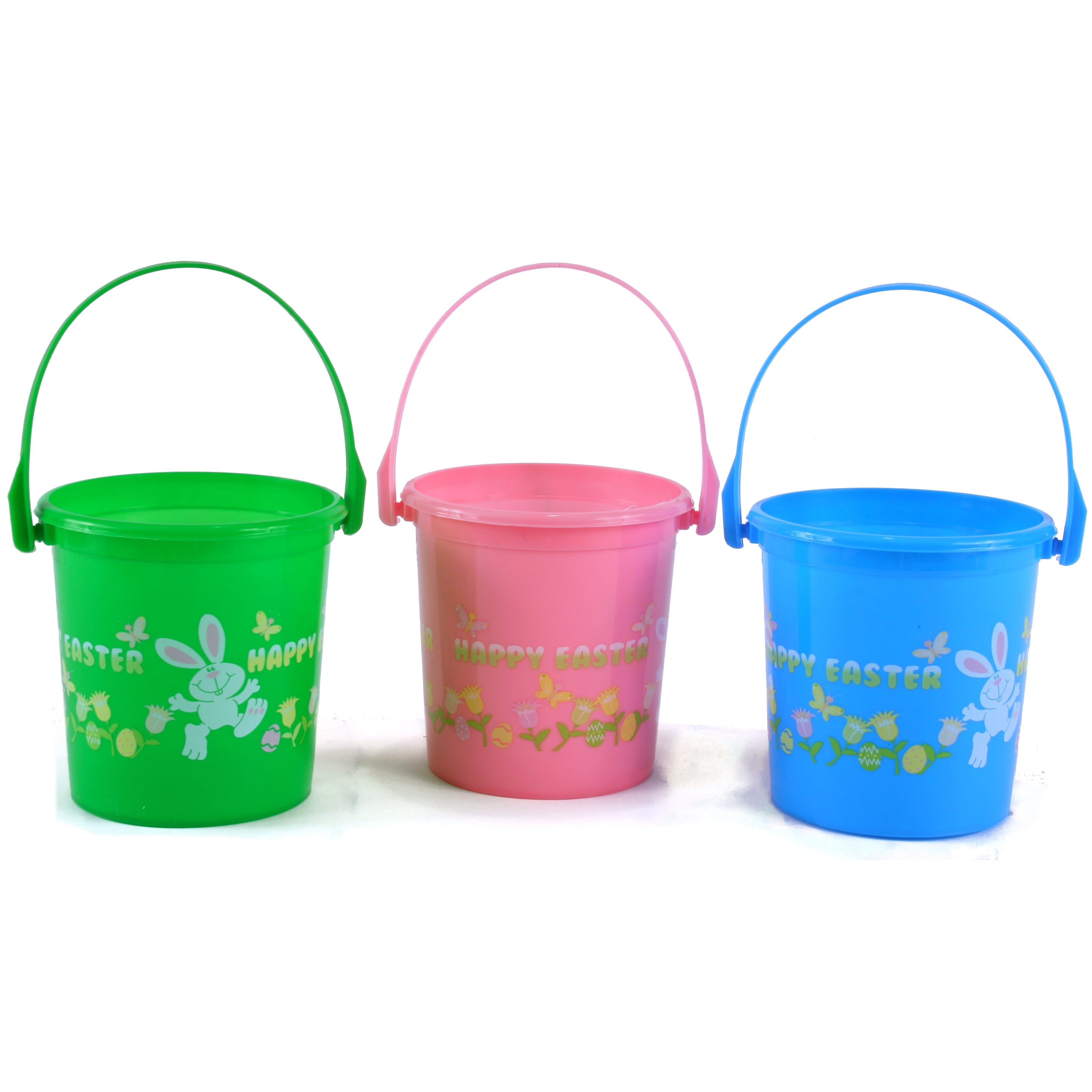 Pastel "Happy Easter" Round Plastic Treat or Favor 4.5" Gift Buckets, 6