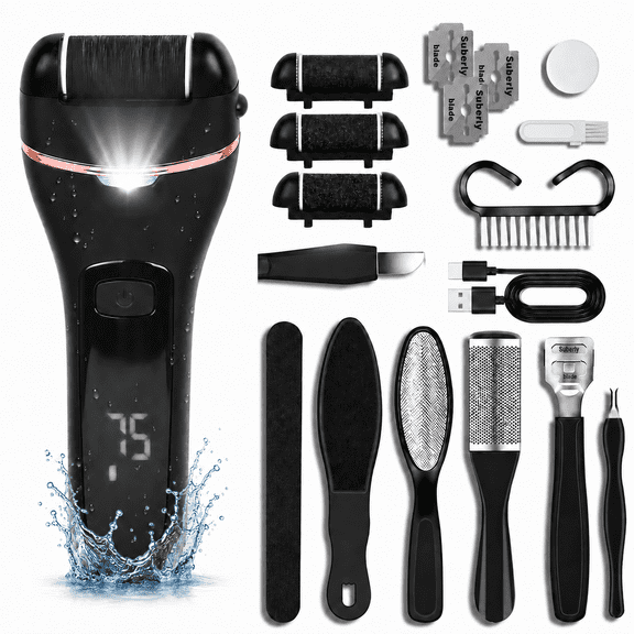 Electric Callus Remover for Feet, 18-in-1 Rechargeable Foot File Pedicure Kit with 3 Roller Heads, 2 Speeds, LED Light & Digital Display for Cracked Heels, Calluses & Dead Skin