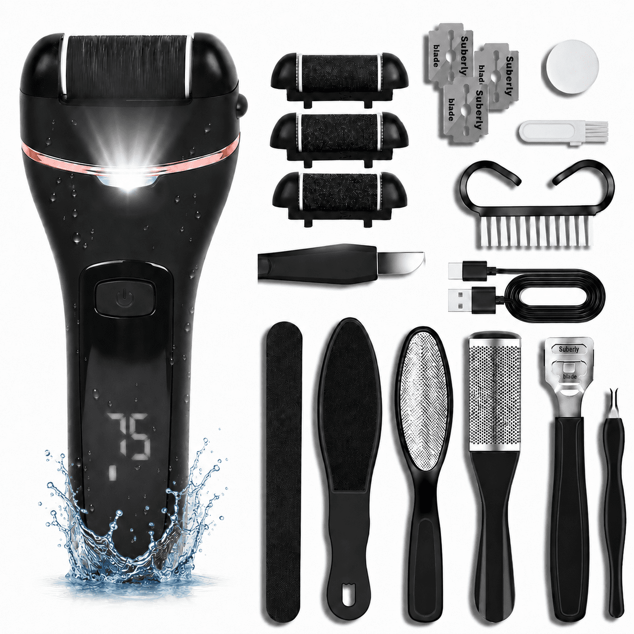 Electric Callus Remover for Feet, 18-in-1 Rechargeable Foot File Pedicure Kit with 3 Roller Heads, 2 Speeds, LED Light & Digital Display for Cracked Heels, Calluses & Dead Skin