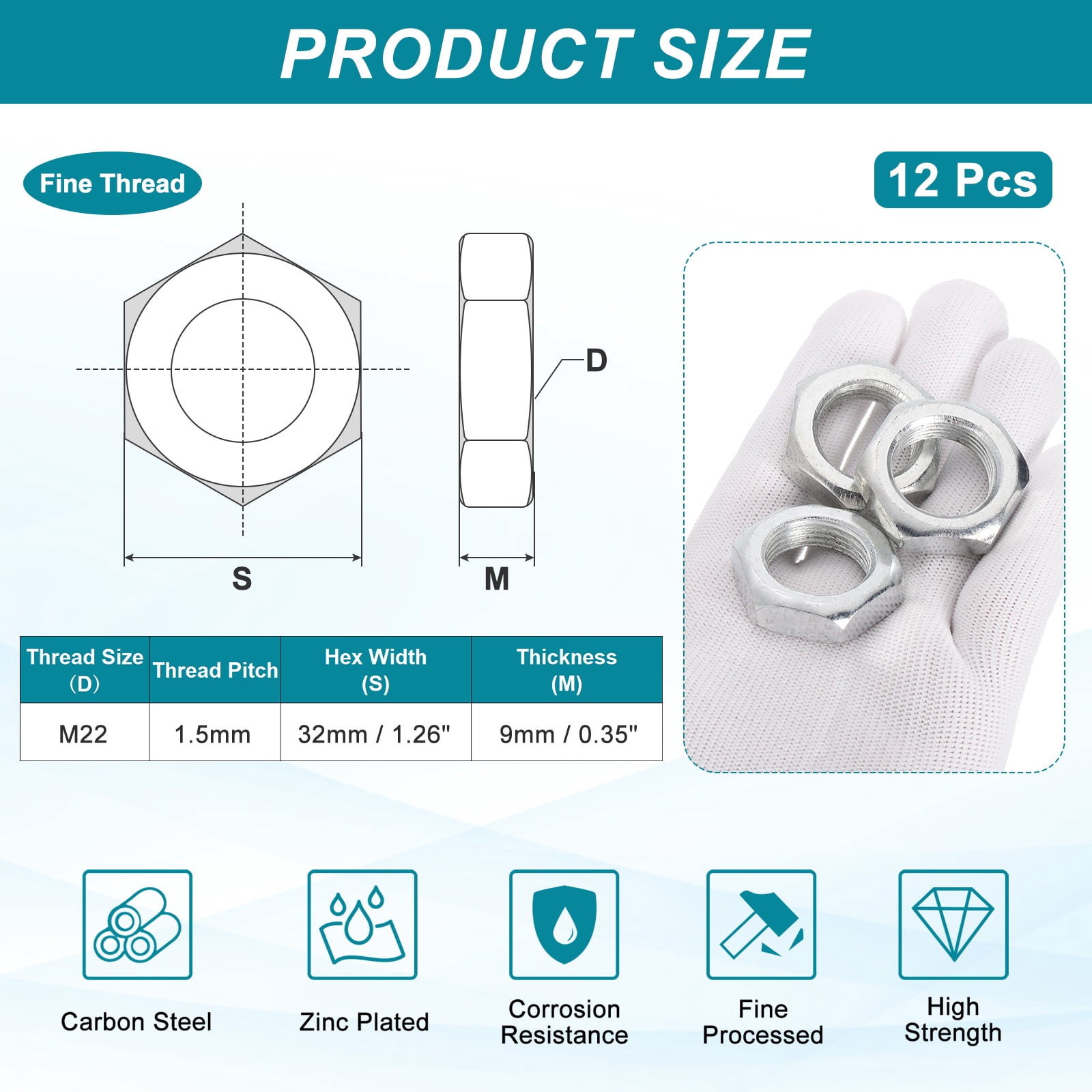 Uxcell M22x1.5x9mm Steel Hex Nuts, 12Pcs Metal Screw Nuts Fasteners, 32mm Width