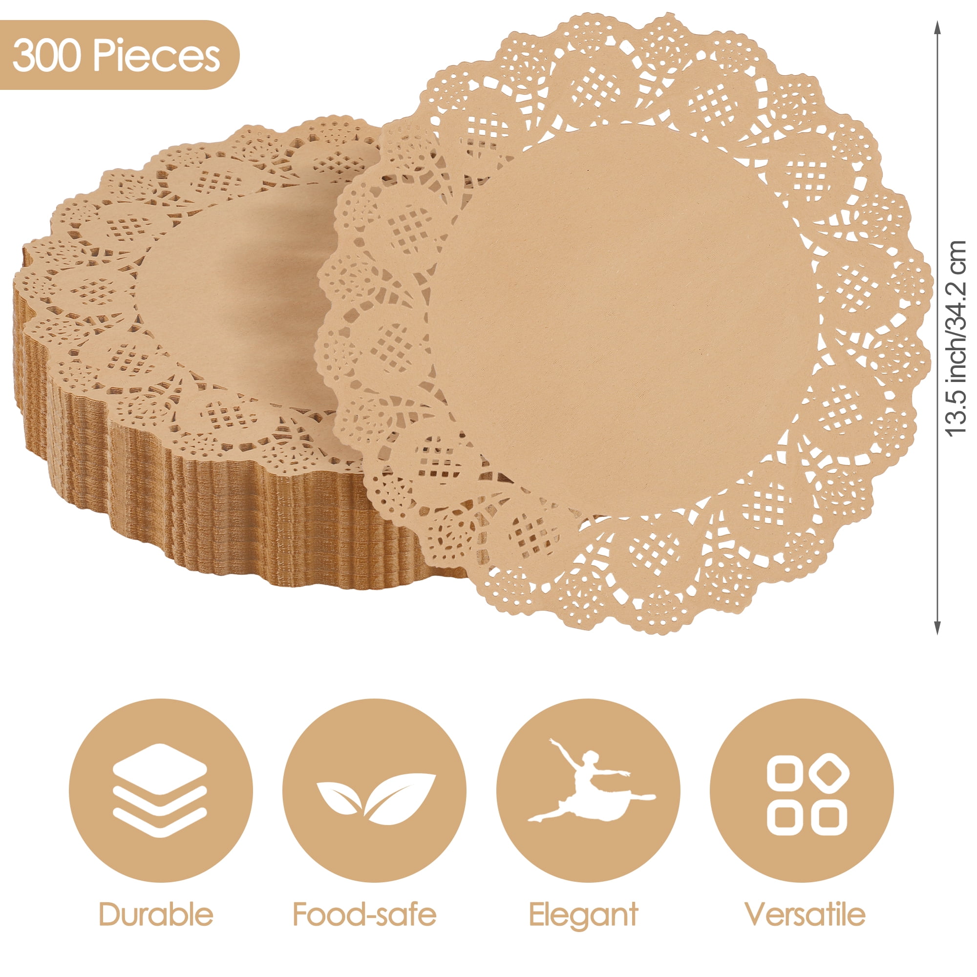 Elcoho 300 Pieces Round Kraft Paper Place Mats 13.5 Inches Lace Paper Doilies Disposable Decorative Table Mats for Weddings Food Cakes Desserts Crafts Party Decor, Brown